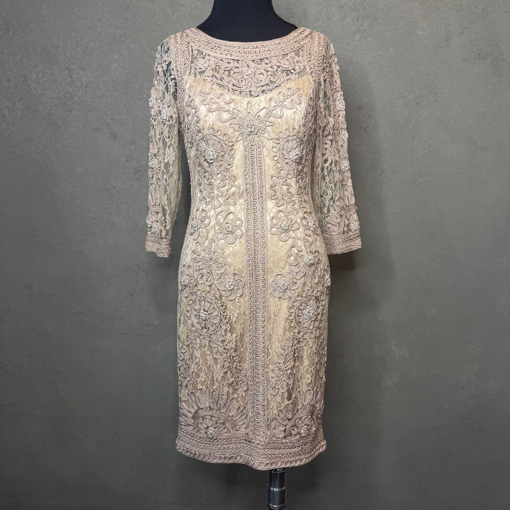 Sue Wong Nocturne Champagne Corded Lace Embroidered 3/4 Sleeve Dress Size 8